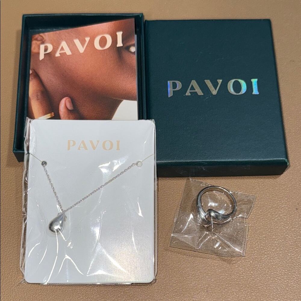 PAVOI dainty teardrop pendant necklace & ring rhodium plated minimalist both new